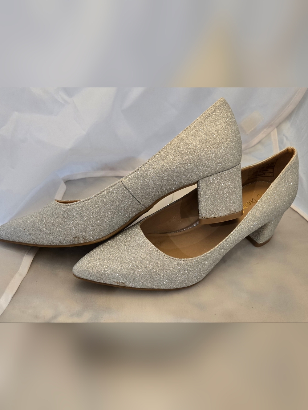 Dream Pairs Silver Glitter Pointed Block Heel Pumps